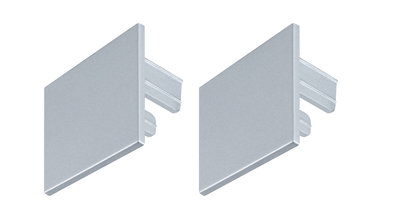 Twee zilverkleurige aluminium eindkappen voor LED-rails met eenvoudig steeksysteem