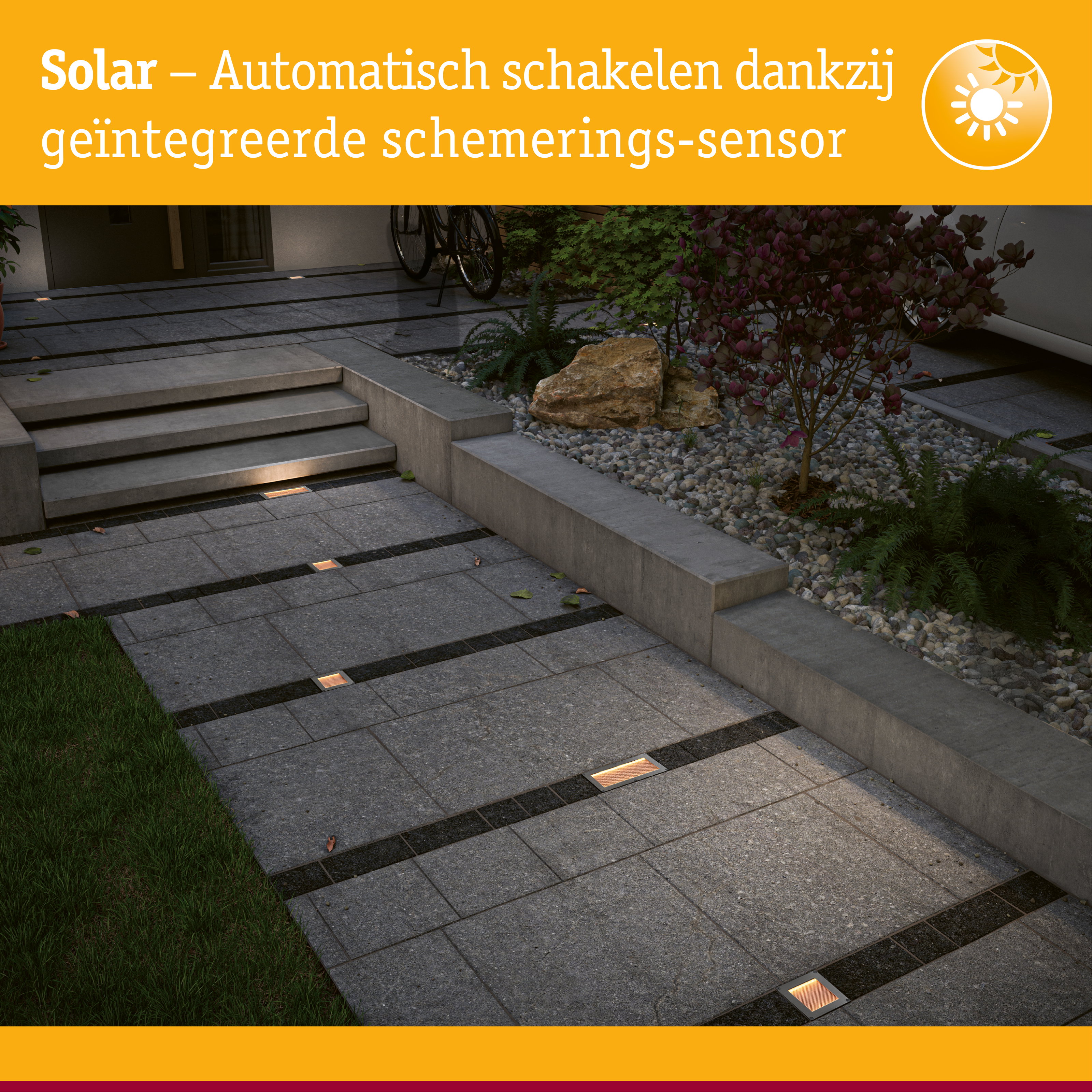 Solar LED-grondinbouwlamp Sorea Schemerings-sensor IP67 hoekig 100x100mm 2200K 0,1W 5lm 3,7V Staal geborsteld ABS/Polycarbonaat/edelstaal