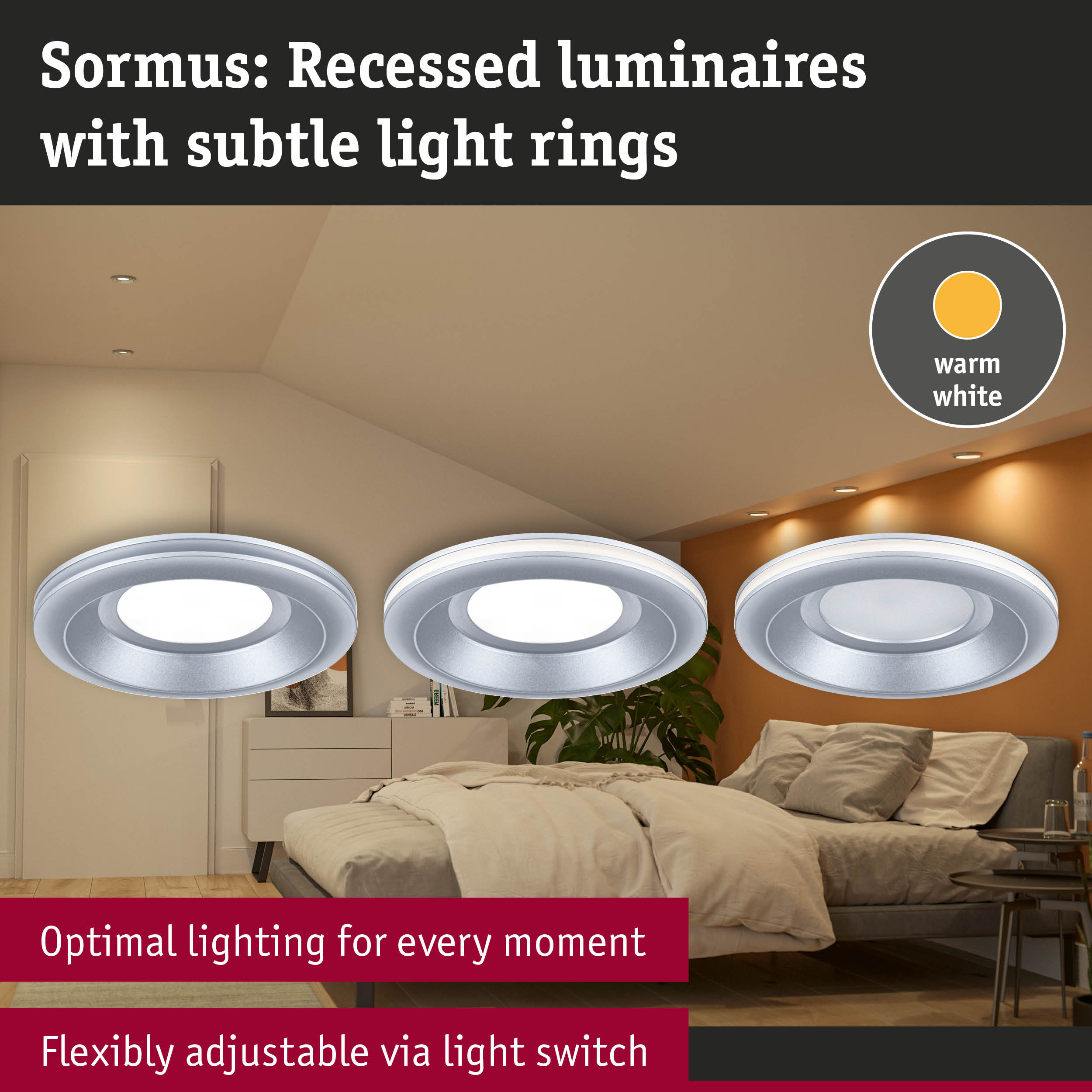 Sormus recessed luminaires with subtle warm white light rings for flexible bedroom lighting
