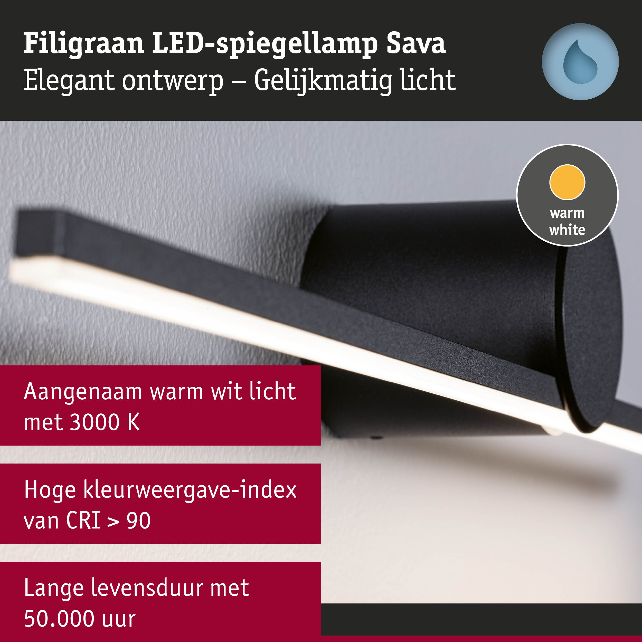 Filigrane zwarte LED-spiegellamp Sava met warm wit licht en hoge kleurweergave-index CRI > 90