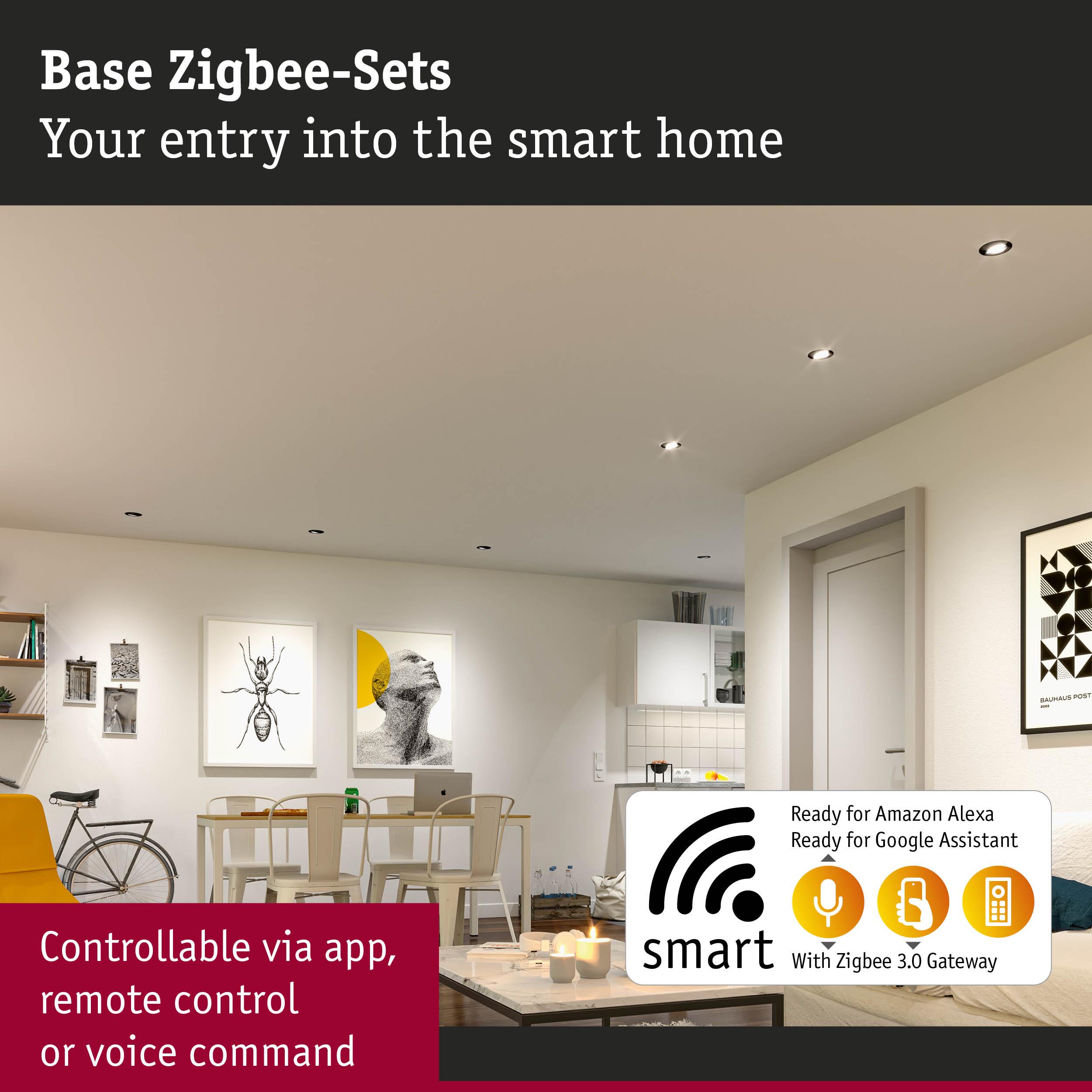 Modern living room featuring smart Zigbee 3.0 gateway for app and voice control in home