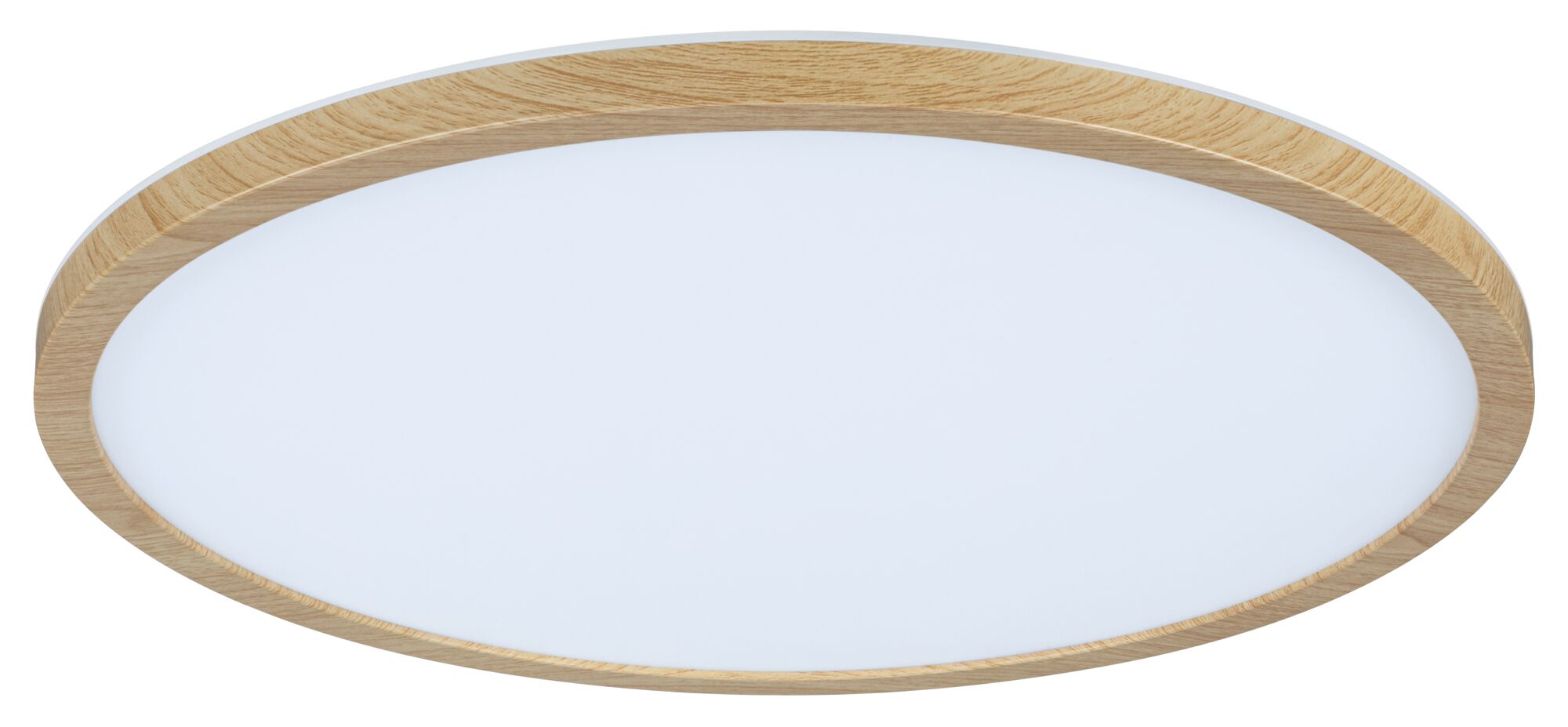 Round ceiling light with oak wood frame and white diffuser for modern home lighting