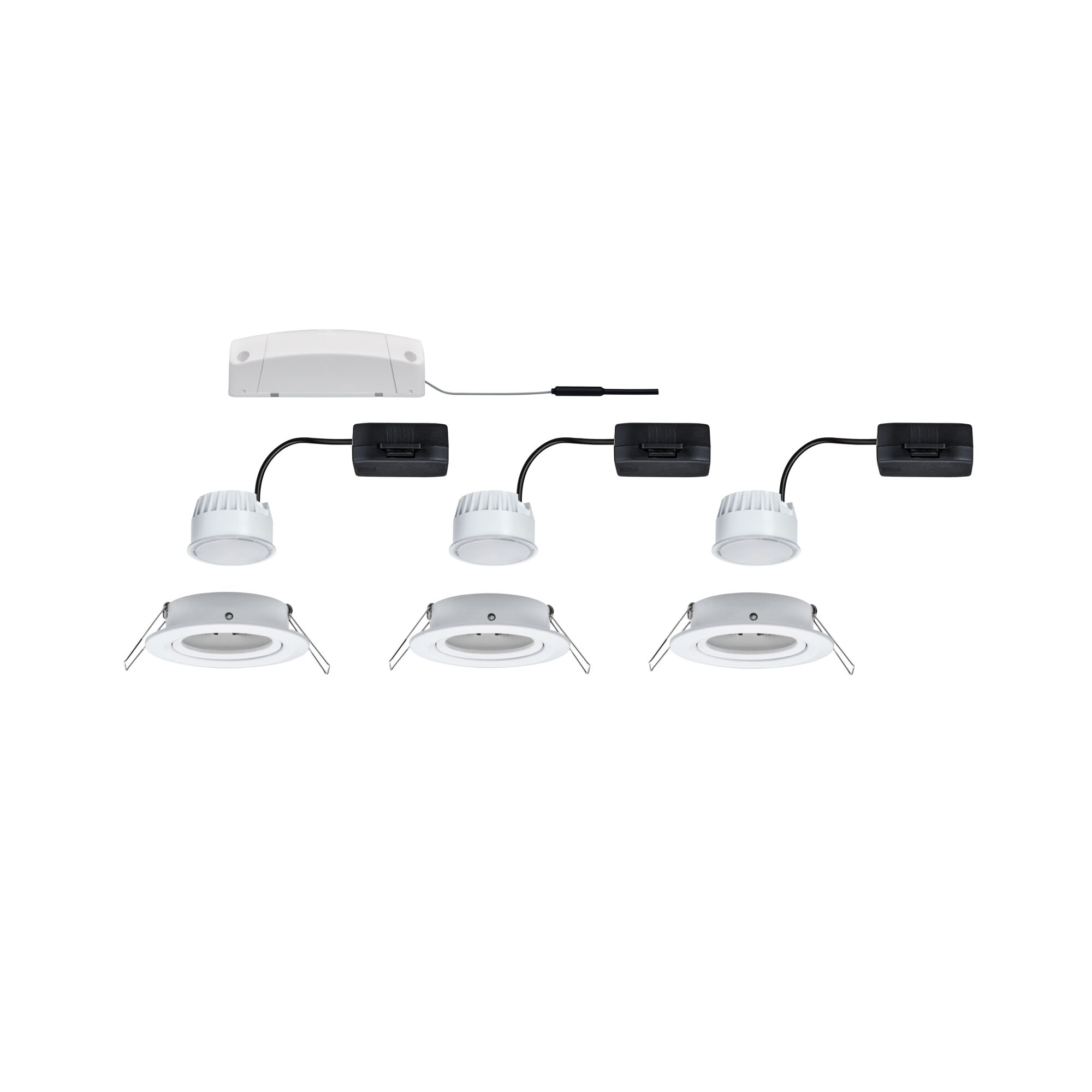 Trois spots encastrés LED blancs avec drivers noirs et boîtier de connexion blanc pour éclairage plafond