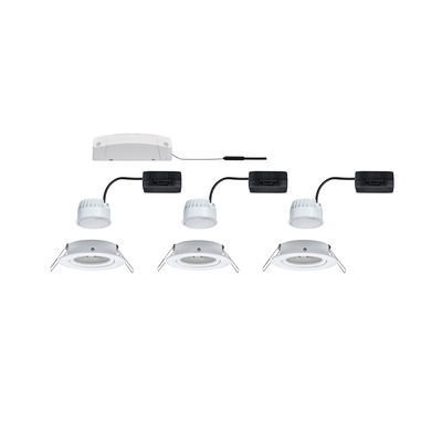 Trois spots encastrés LED blancs avec drivers noirs et boîtier de connexion blanc pour éclairage plafond