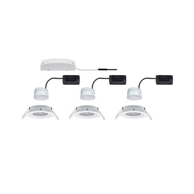 Three white LED recessed spotlights with black drivers and white junction box for ceiling lighting