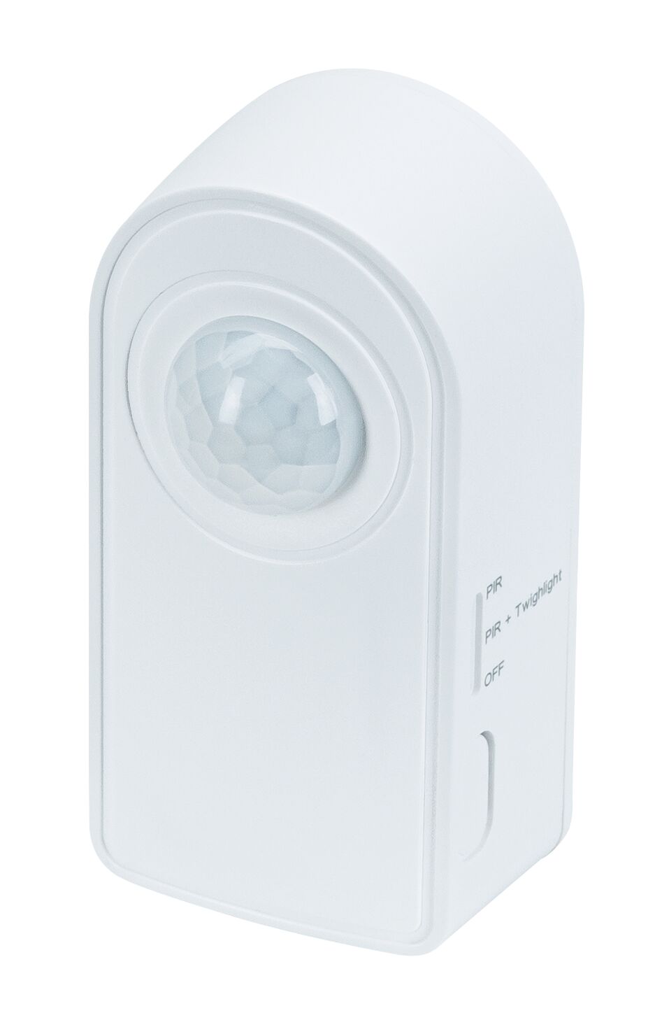 White plastic motion sensor with PIR detector and switch for light control