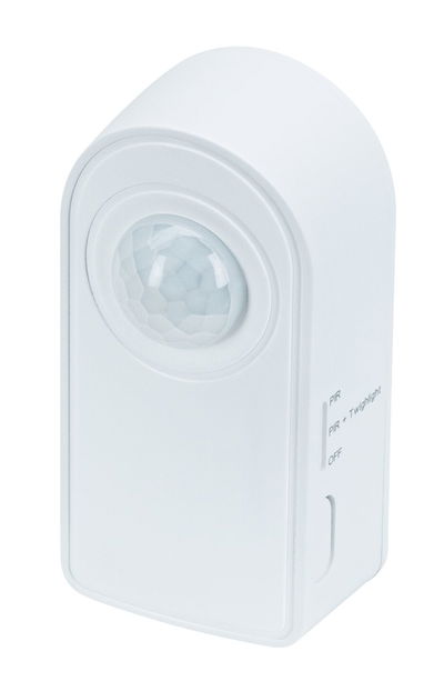 White plastic motion sensor with PIR detector and switch for light control