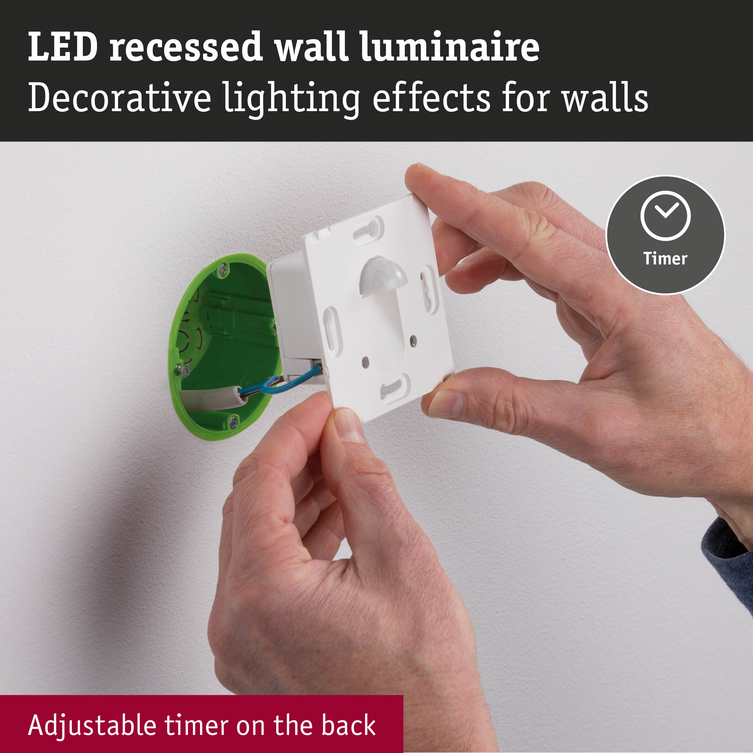 White LED recessed wall luminaire with adjustable timer for decorative lighting effects on walls