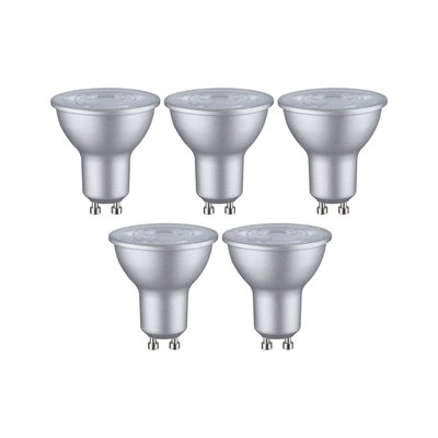 Set of five silver GU10 LED spotlights with matte aluminum housing for energy-efficient lighting.