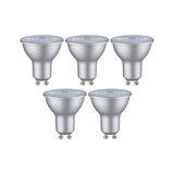 Set of five silver GU10 LED spotlights with matte aluminum housing for energy-efficient lighting.