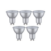 Fünf silberne GU10 LED-Strahler mit mattem Aluminiumgehäuse für energiesparende Beleuchtung.
