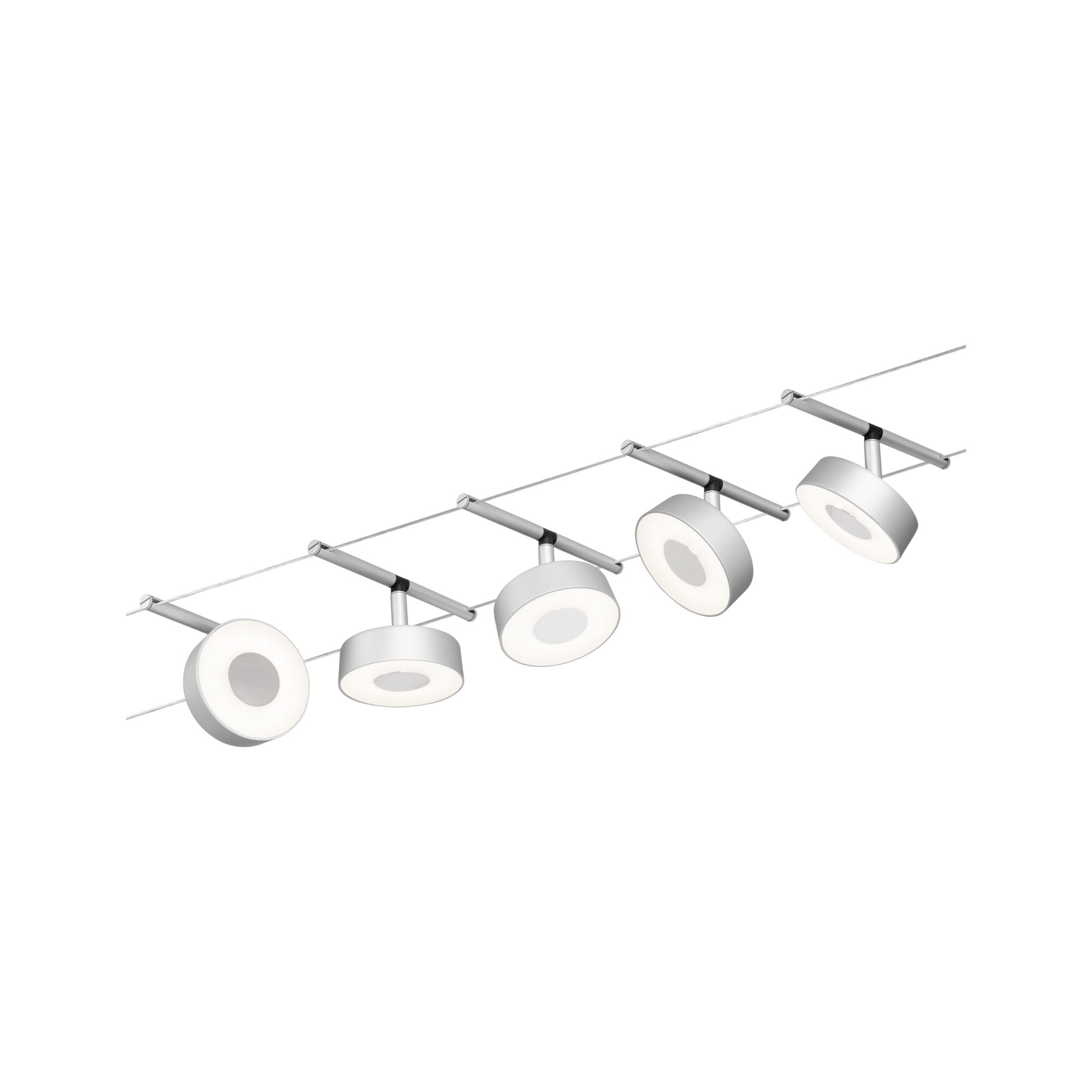Modern LED cable system with five white round metal lights for flexible room lighting