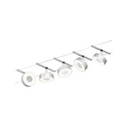 Modernes LED-Seilsystem mit fünf weißen runden Leuchten aus Metall für flexible Raumbeleuchtung