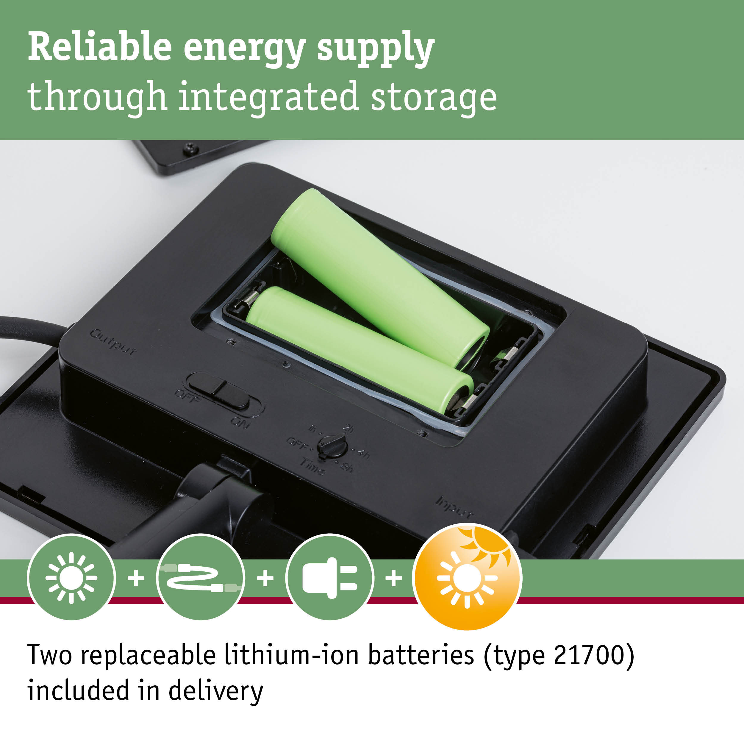 Black device with two replaceable green lithium-ion batteries for reliable energy supply