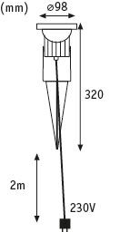 Technische Zeichnung eines Erdspießstrahlers mit 98 mm Durchmesser und 2 m Kabellänge, 230 V Anschluss.