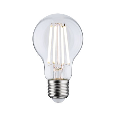 Classic LED light bulb with clear glass and visible filaments, energy-saving lighting solution.