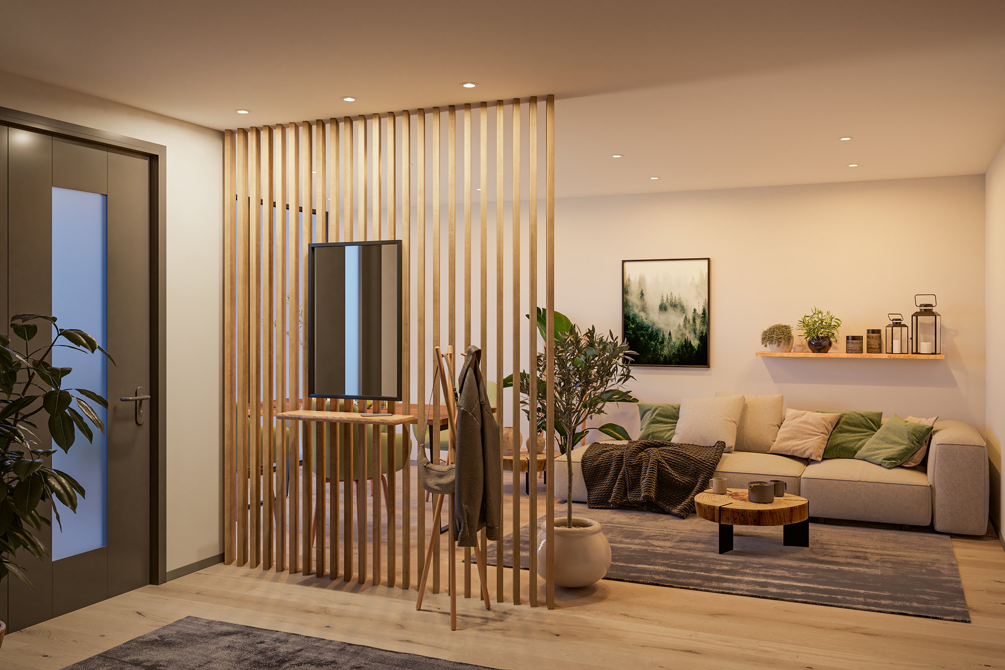 Modernes Wohnzimmer mit Holzlamellen-Trennwand, grauem Sofa und warmweißen LED-Einbaustrahlern