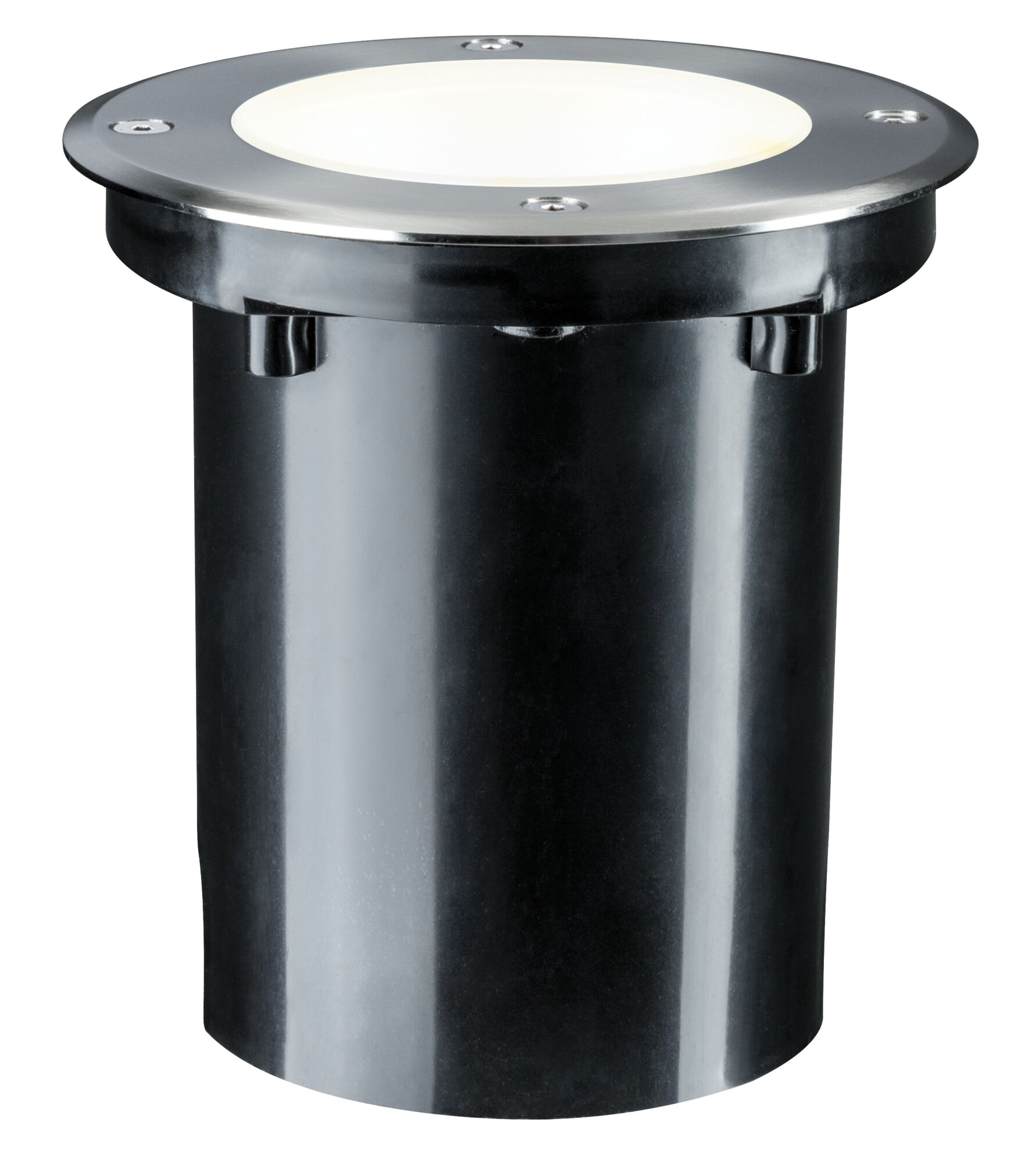 Round LED recessed floor light in stainless steel and black plastic with warm white illumination