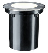 Runde LED-Bodeneinbauleuchte aus Edelstahl und Kunststoff in Schwarz mit warmweißem Licht