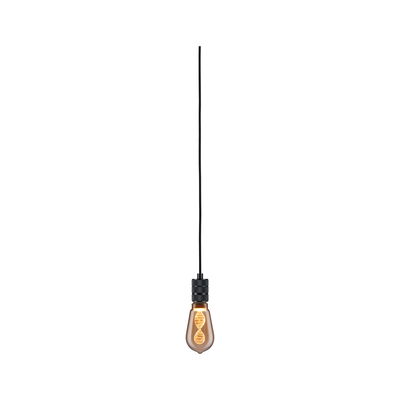 Ampoule LED suspendue avec câble noir et lumière ambre chaude pour éclairage moderne.