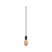 Hanging LED bulb with black cable and warm amber light for modern lighting design.