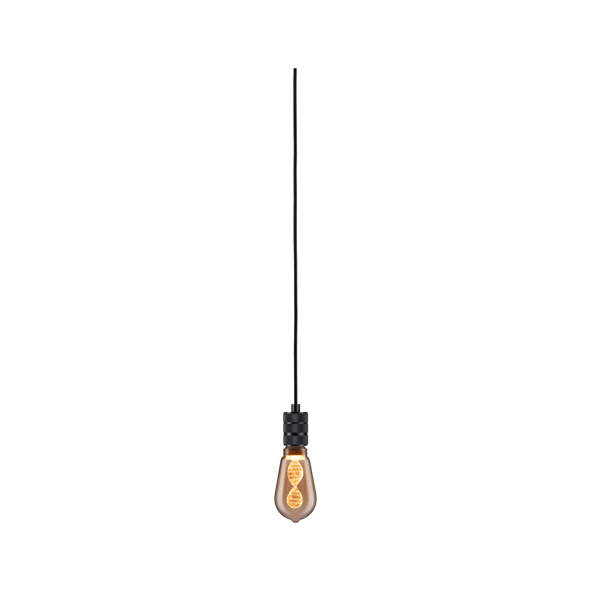 Hanging LED bulb with black cable and warm amber light for modern lighting design.