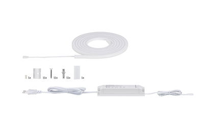 White LED strip with power supply and mounting accessories for versatile lighting setups.