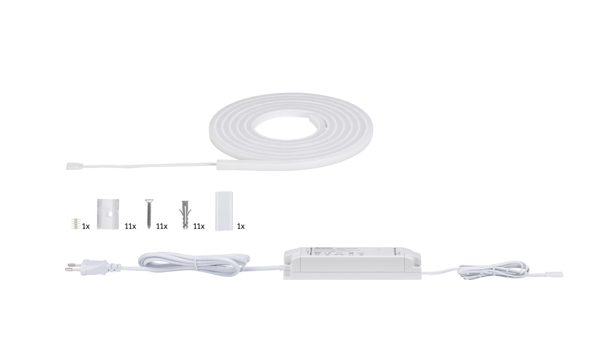 White LED strip with power supply and mounting accessories for versatile lighting setups.