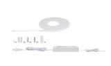 White LED strip with power supply and mounting accessories for versatile lighting setups.