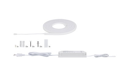 White LED strip with power supply and mounting accessories for flexible lighting setups