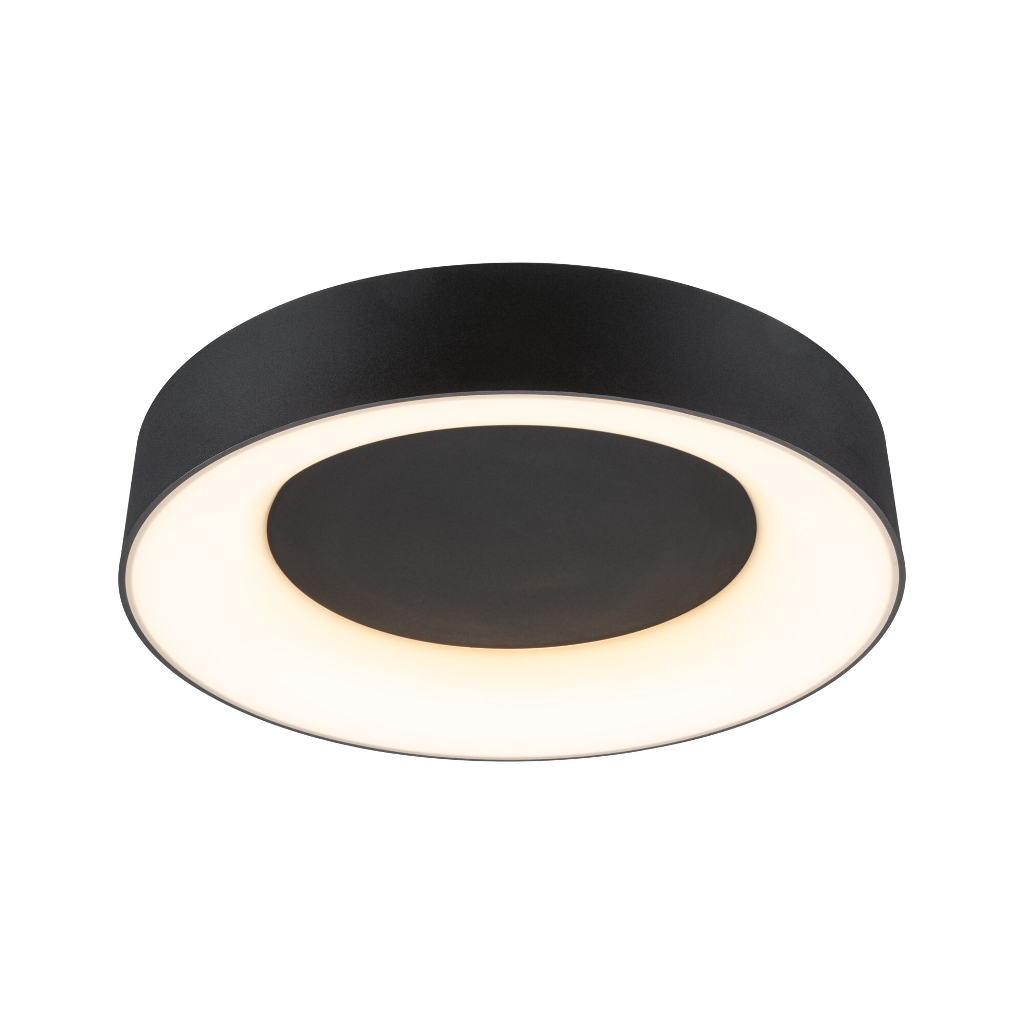 Round black LED ceiling light with warm white illumination for modern rooms and energy-efficient lighting