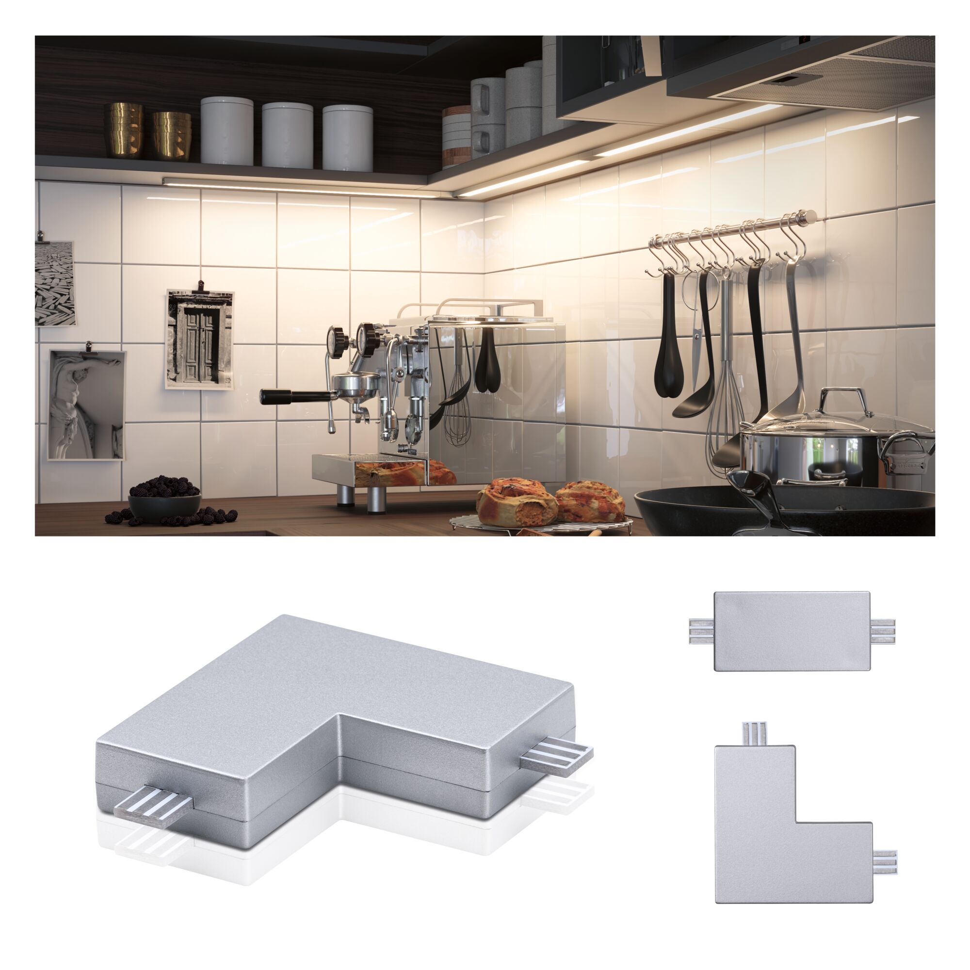 Connecteur d'angle en aluminium argenté pour éclairage LED sur rail avec deux points de connexion pour installation flexible
