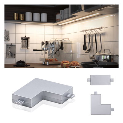 Silver aluminum corner connector for LED track lighting with two connection points for flexible lighting setups