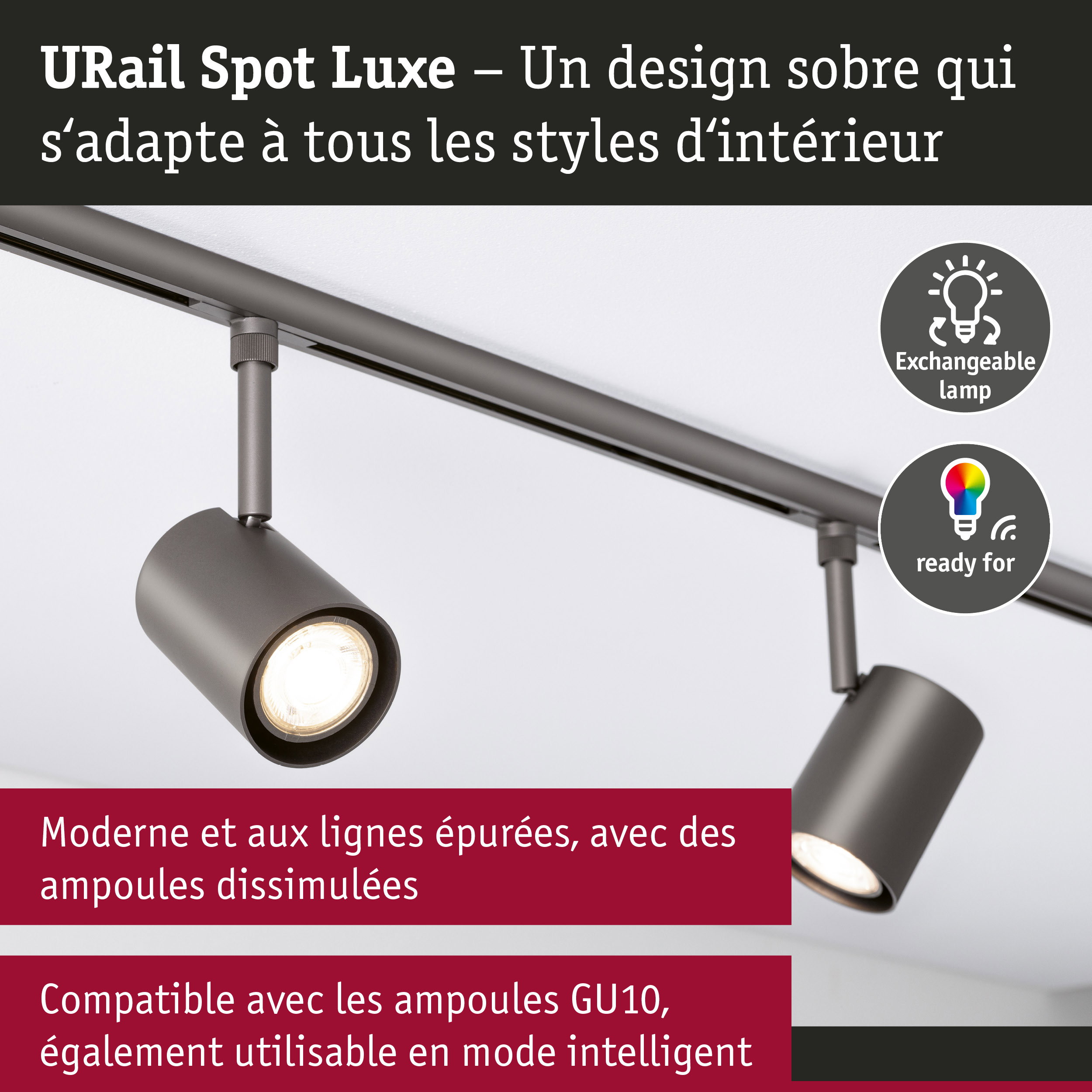 URail Spot sur rail Luxe GU10 max. 10W gradable 230V Titanium