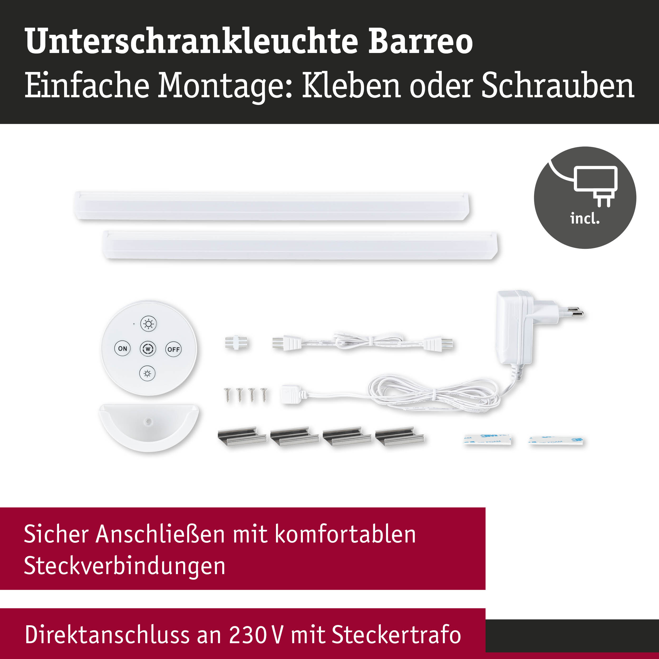 Unterschrankleuchte Barreo in Weiß mit Fernbedienung, Steckverbindungen und Montagezubehör