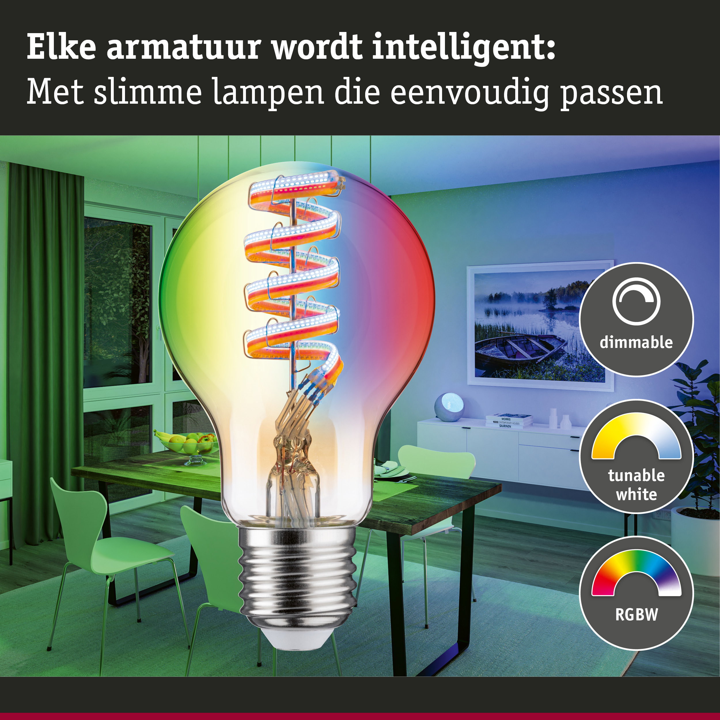 LED-lamp met spiraalvormig filament in helder glas, dimbaar en instelbaar wit licht voor slimme verlichting