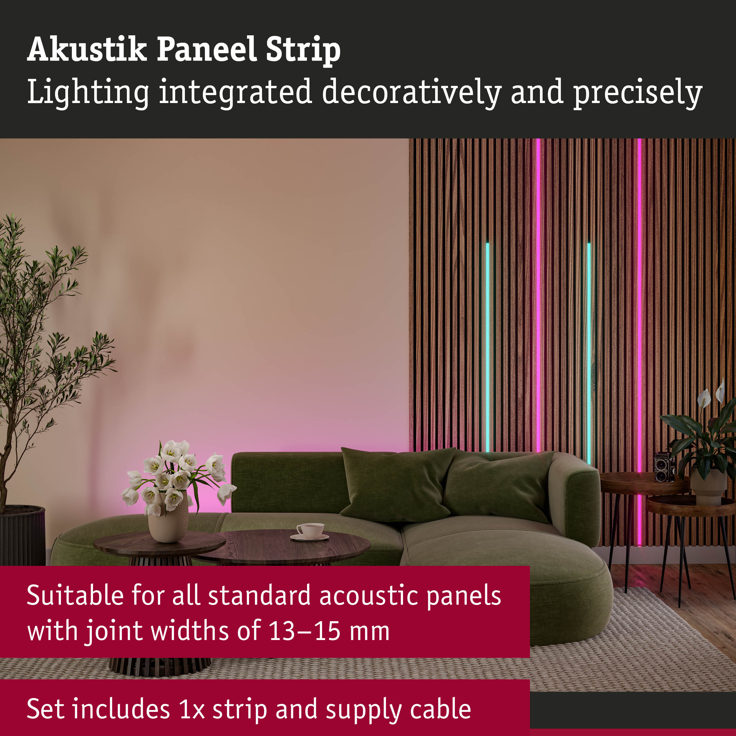 Acoustic panel strip with integrated decorative LED lighting on wooden wall in living room