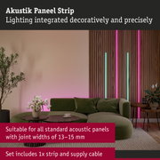 Acoustic panel strip with integrated decorative LED lighting on wooden wall in living room