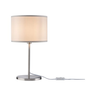 Modern table lamp with white fabric shade and brushed metal base for stylish home lighting