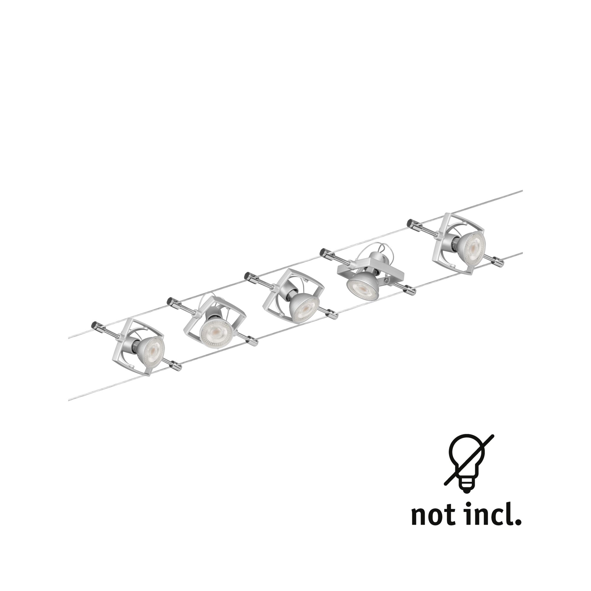 Moderner Seilstrahler mit fünf silbernen LED-Spots aus Metall, Beleuchtung ohne Leuchtmittel.