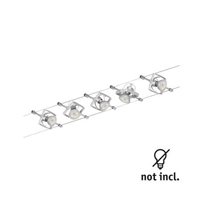 Modern cable spotlight with five silver metal LED spots, lighting fixture without bulbs included.