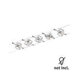 Moderner Seilstrahler mit fünf silbernen LED-Spots aus Metall, Beleuchtung ohne Leuchtmittel.