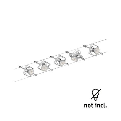 Modern cable spotlight with five silver metal LED spots, lighting fixture without bulbs included.