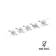 Modern cable spotlight with five silver metal LED spots, lighting fixture without bulbs included.