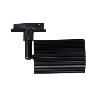 Black aluminium LED track spotlight with ribbed housing for rail systems, modern lighting solution