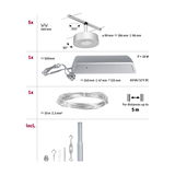 Technical drawing with dimensions of white LED cable spotlight and accessories for flexible lighting setup.