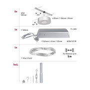 Technische Zeichnung eines weißen LED-Seilsystems mit 5 Leuchten, Netzteil und Zubehör für Innenbeleuchtung