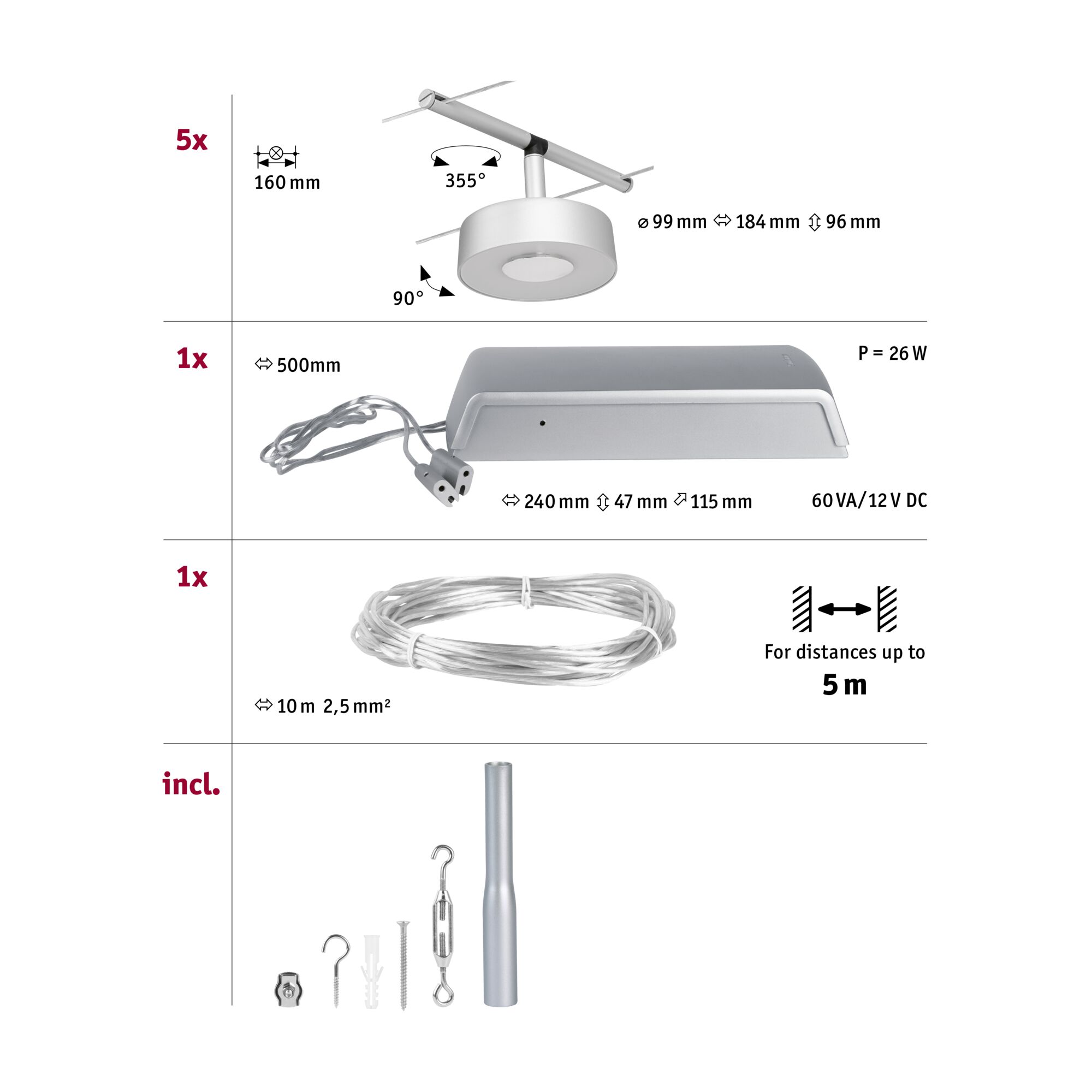 Technical drawing of white LED cable system with 5 lights, power supply and accessories for indoor lighting