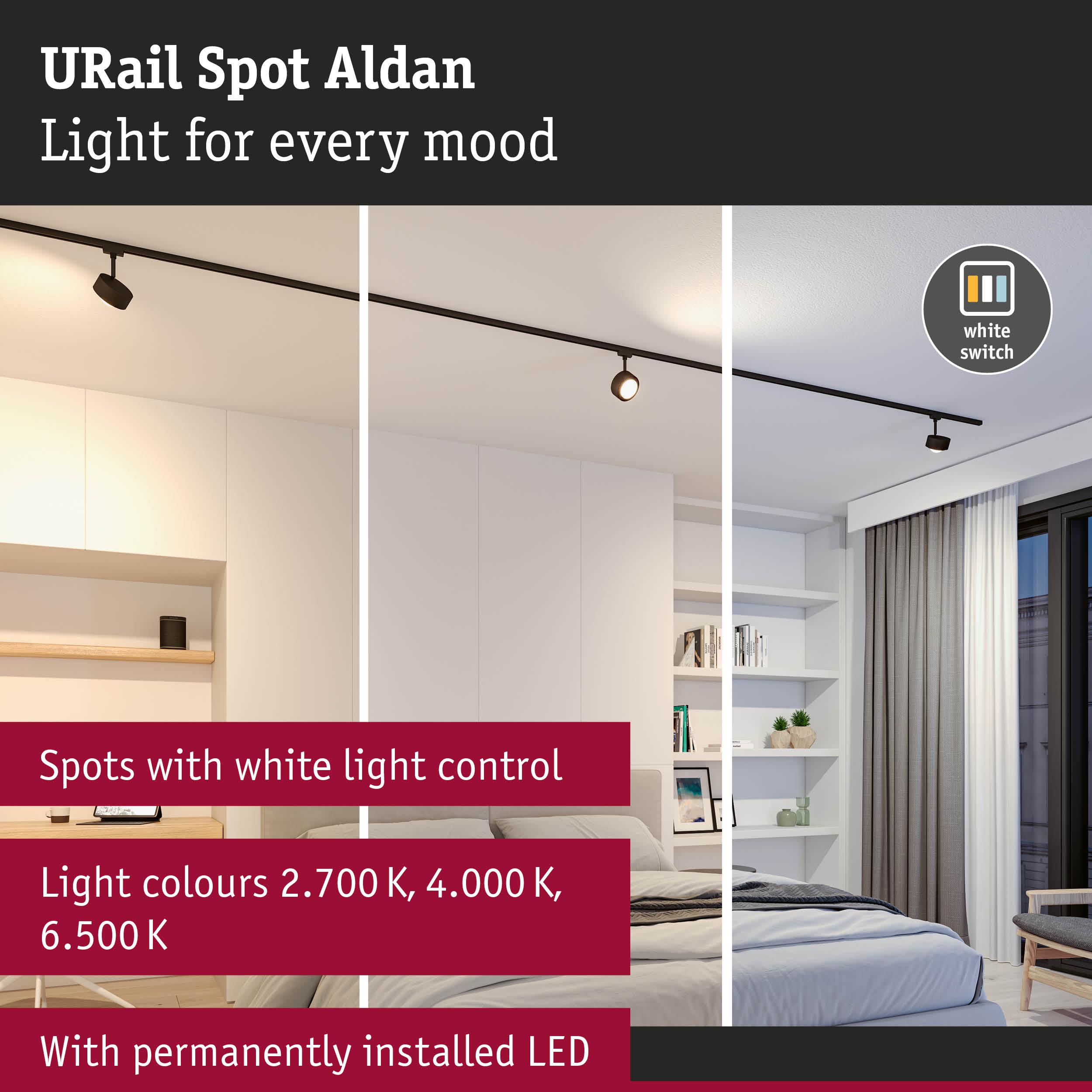 URail Spot Aldan black LED ceiling light with adjustable white light colours for living spaces