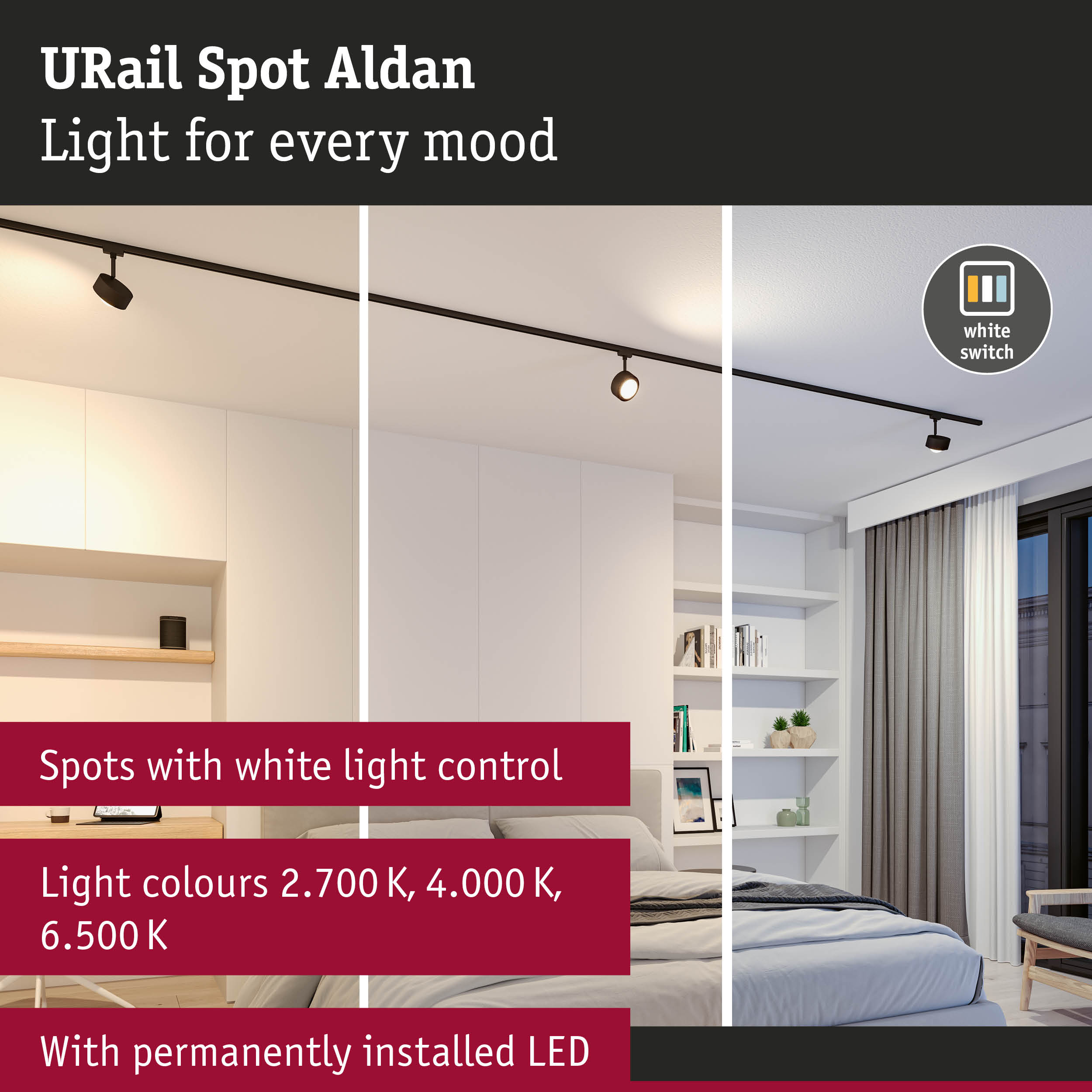 URail Spot Aldan black LED rail light with white switch for adjustable home lighting